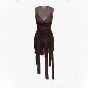 Meshki Brown Sheer Ruched Tie-Detail Mini Dress